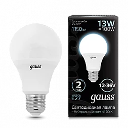 Лампа Gauss A60 AC12-36V 13W 1150lm 4100K E27 LED 1/10/100