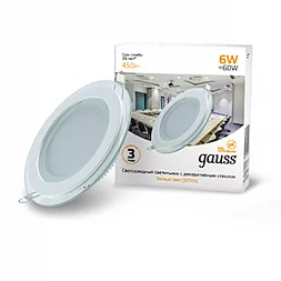 Светильник Gauss Glass круг 6W 450lm 3000K 185-265V IP20 монт Ø80 100*36 с дек стеклом LED 1/10/40