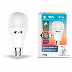 Лампа Gauss Smart Home A60 10W 1055lm 2700-6500К E27 изм.цвет.темп.+диммирование LED 1/10/40