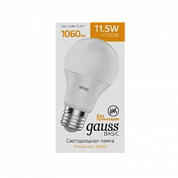 Лампа Gauss Basic A60 11,5W 1060lm 3000K E27 LED 1/10/50