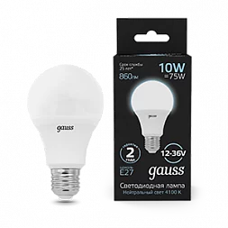 Лампа Gauss A60 AC12-36V 10W 860lm 4100K E27 LED 1/10/50