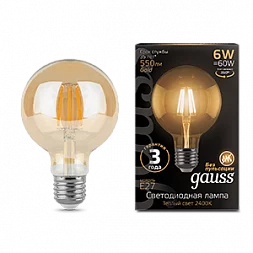 Лампа Gauss Filament G95 6W 550lm 2400К Е27 golden LED 1/20