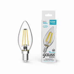 Лампа Gauss Basic Filament Свеча 4,5W 420lm 4100К Е14 LED 1/10/50